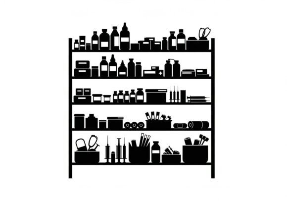 Black Silhouette of Shelf Filled Beauty: A Versatile Design Resource