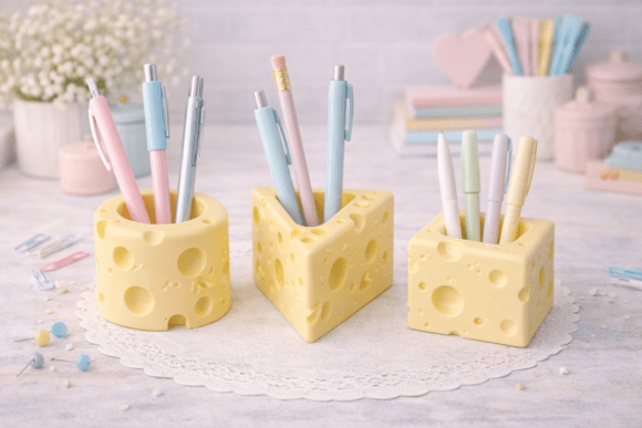 Cheese Pen Holder STL Set: Kawaii Desk Design