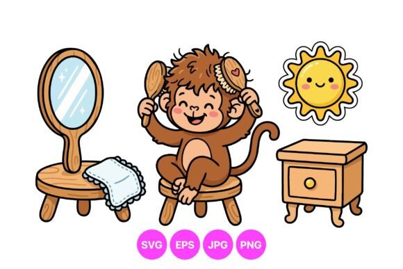 Cute Monkey Morning Routine Clipart: A Versatile Visual Asset for Creative Projects