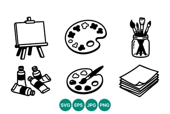 Painting Supplies in Black and White Line Art