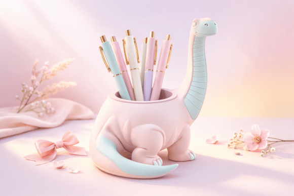 Soft Pastel Charm: Elevating Desk Organization with a Dinosaur Pen Holder STL